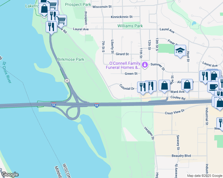 map of restaurants, bars, coffee shops, grocery stores, and more near 82 Coulee Road in Hudson