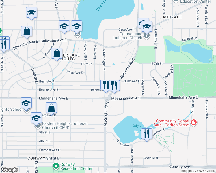 map of restaurants, bars, coffee shops, grocery stores, and more near 756 McKnight Road North in Maplewood