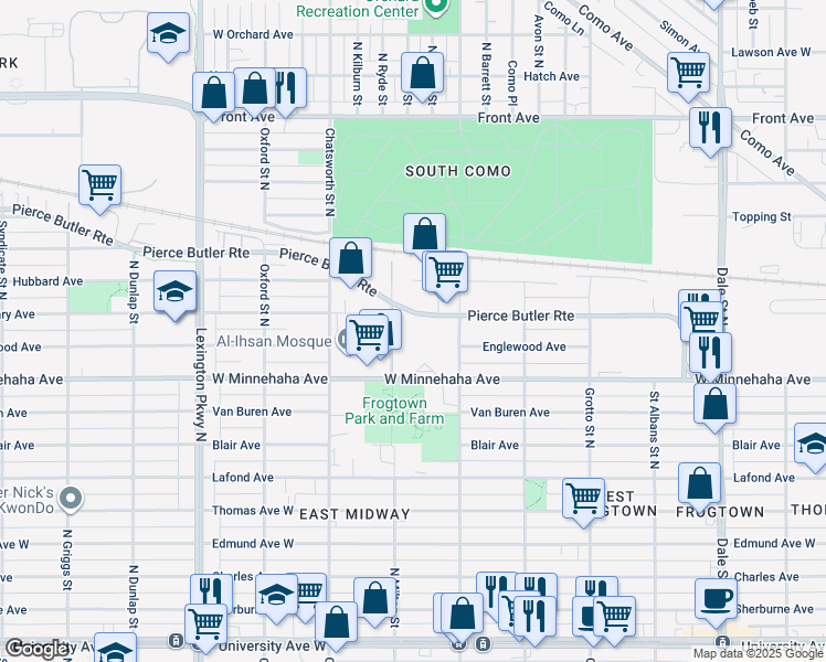 map of restaurants, bars, coffee shops, grocery stores, and more near 750 North Milton Street in Saint Paul