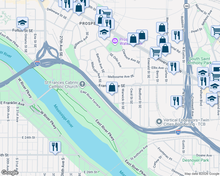 map of restaurants, bars, coffee shops, grocery stores, and more near 178 Seymour Avenue Southeast in Minneapolis