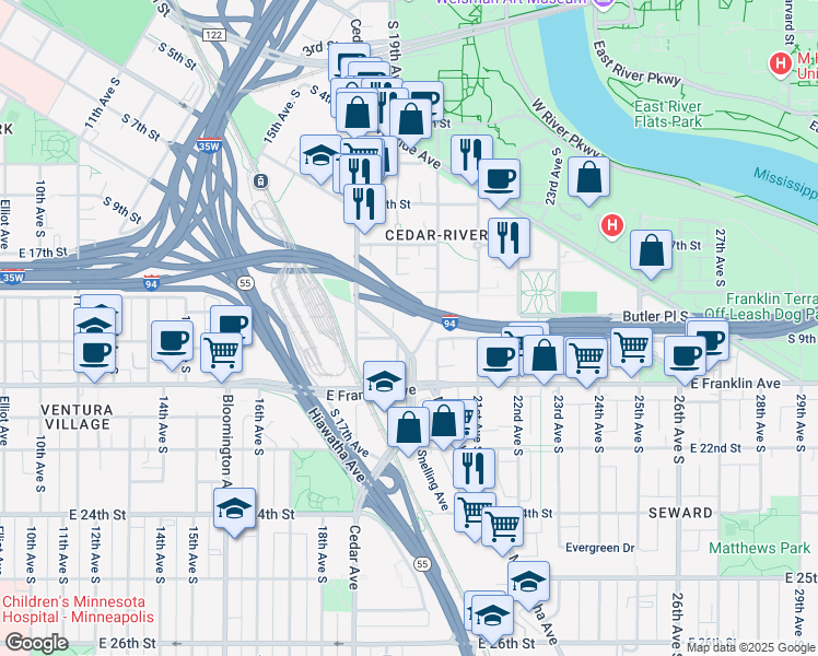 map of restaurants, bars, coffee shops, grocery stores, and more near 1921 South 9th Street in Minneapolis