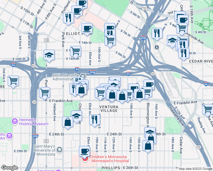map of restaurants, bars, coffee shops, grocery stores, and more near 1829 11th Avenue South in Minneapolis