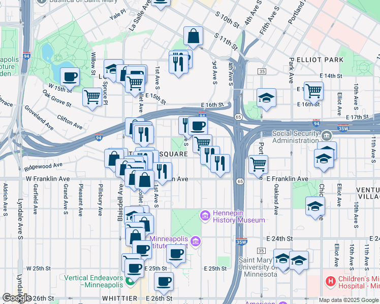 map of restaurants, bars, coffee shops, grocery stores, and more near in Minneapolis