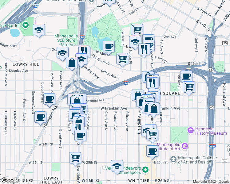 map of restaurants, bars, coffee shops, grocery stores, and more near 400 Ridgewood Avenue in Minneapolis