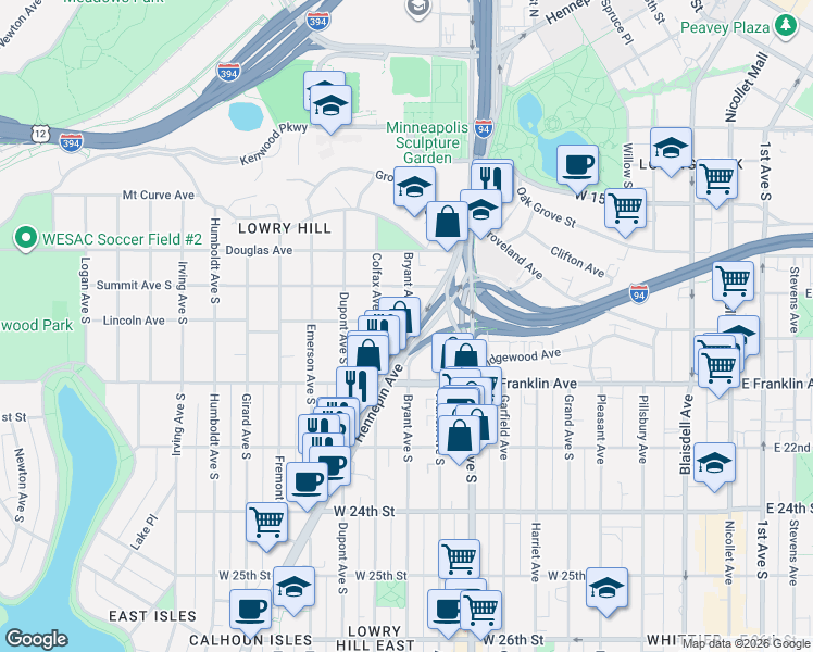 map of restaurants, bars, coffee shops, grocery stores, and more near 1912 Hennepin Avenue in Minneapolis