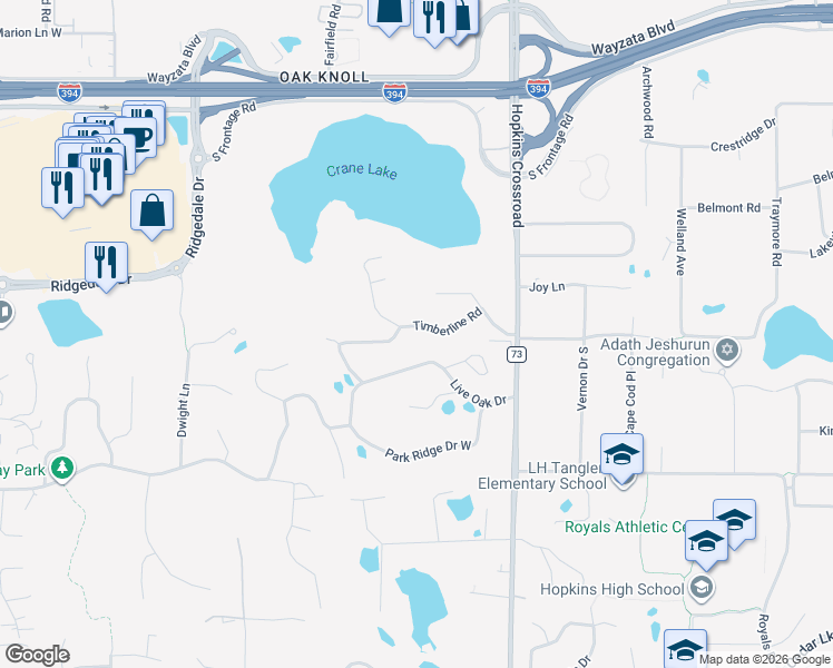 map of restaurants, bars, coffee shops, grocery stores, and more near 11601 Timberline Road in Hopkins