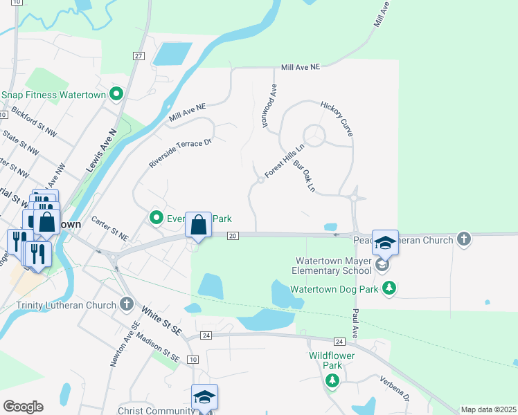 map of restaurants, bars, coffee shops, grocery stores, and more near 606 Forest Hills Lane in Watertown