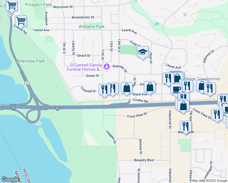 map of restaurants, bars, coffee shops, grocery stores, and more near 637 13th Street South in Hudson