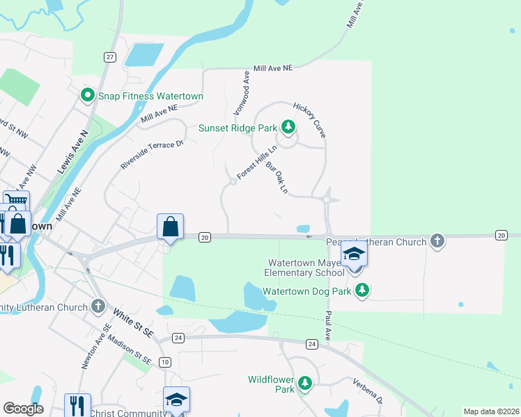 map of restaurants, bars, coffee shops, grocery stores, and more near 900 Bur Oak Lane in Watertown