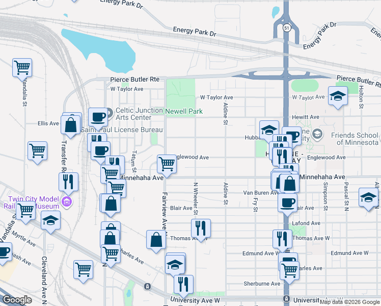 map of restaurants, bars, coffee shops, grocery stores, and more near 1778 West Englewood Avenue in Saint Paul