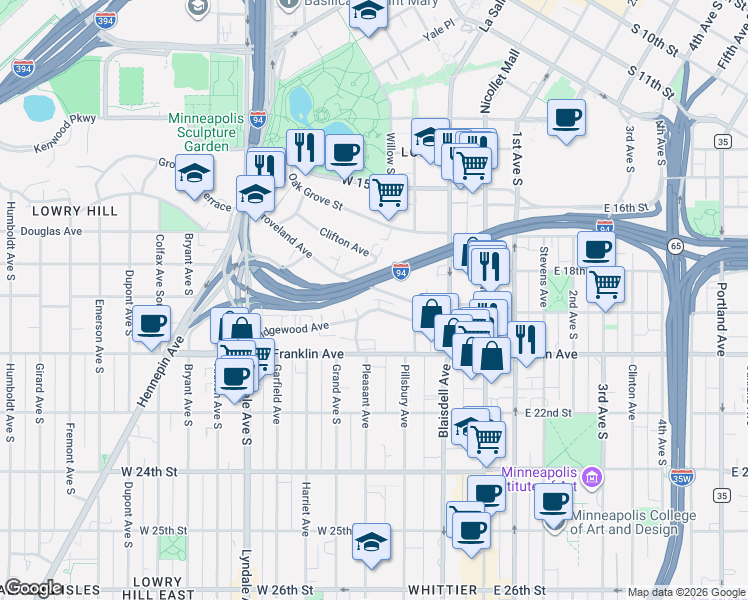 map of restaurants, bars, coffee shops, grocery stores, and more near 218 Ridgewood Avenue in Minneapolis