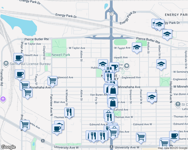 map of restaurants, bars, coffee shops, grocery stores, and more near 1636 West Englewood Avenue in Saint Paul