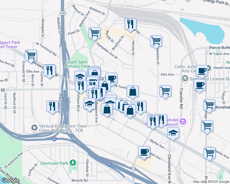 map of restaurants, bars, coffee shops, grocery stores, and more near 2 Charles Avenue in Saint Paul
