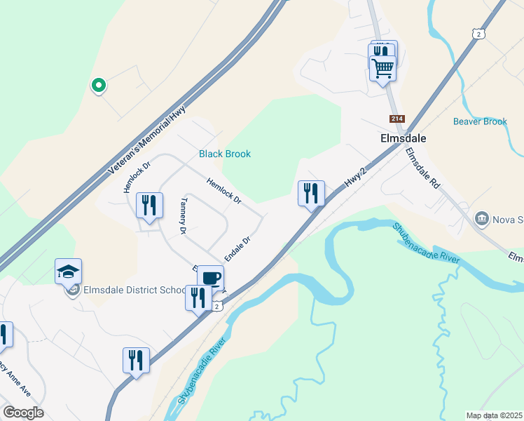 map of restaurants, bars, coffee shops, grocery stores, and more near 2 Hemlock Drive in Elmsdale