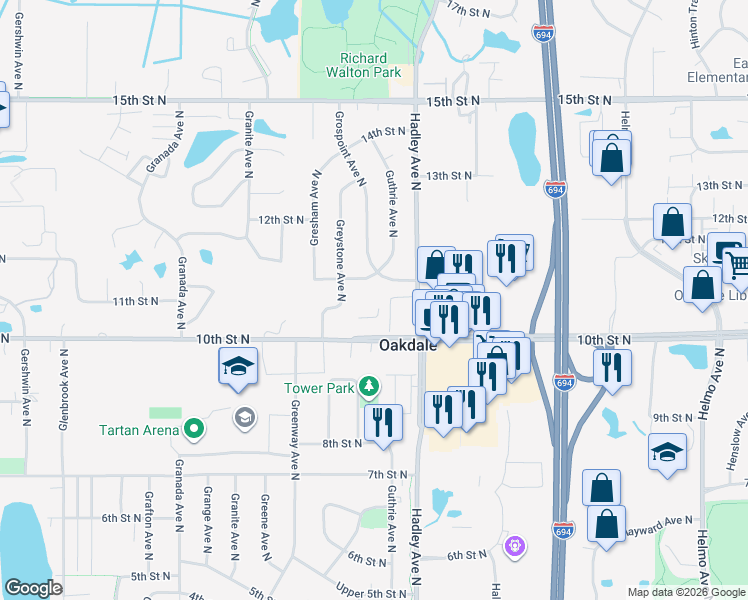 map of restaurants, bars, coffee shops, grocery stores, and more near 6902 10th Street North in Oakdale