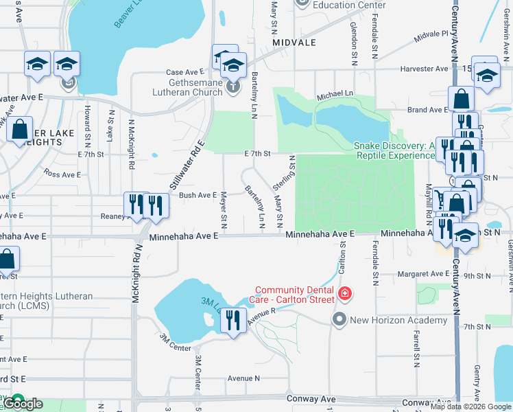 map of restaurants, bars, coffee shops, grocery stores, and more near 751 Bartelmy Lane North in Maplewood