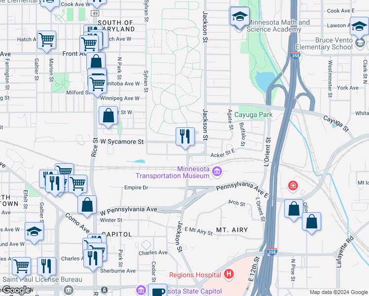map of restaurants, bars, coffee shops, grocery stores, and more near 65 Acker Street East in Saint Paul