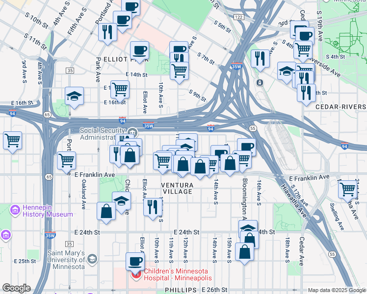 map of restaurants, bars, coffee shops, grocery stores, and more near in Minneapolis