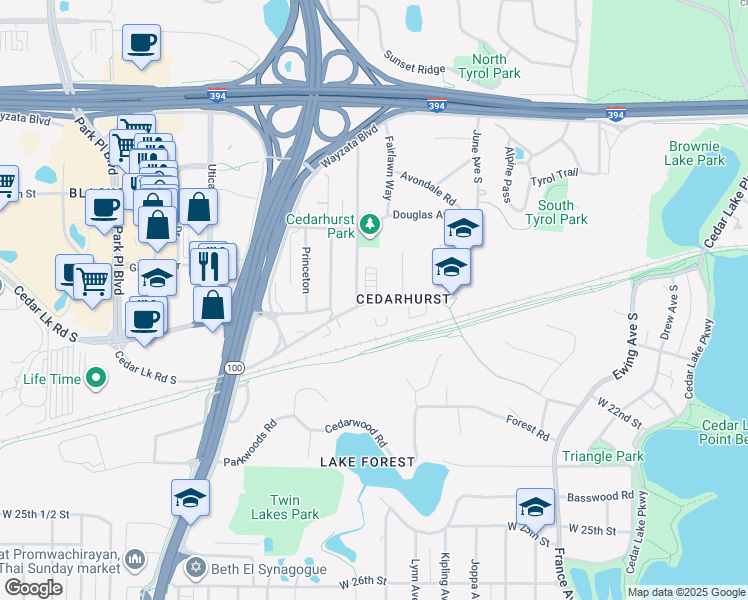 map of restaurants, bars, coffee shops, grocery stores, and more near 4713 Cedar Lake Road in Minneapolis