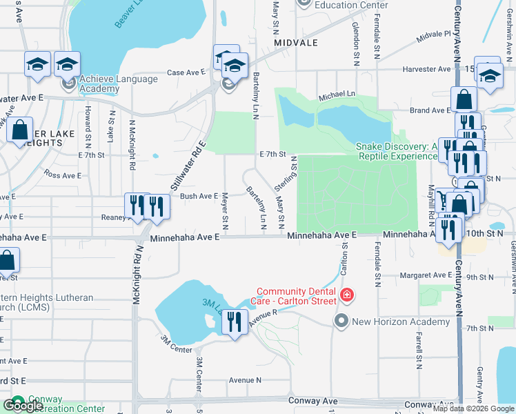 map of restaurants, bars, coffee shops, grocery stores, and more near 751 Bartelmy Lane North in Maplewood