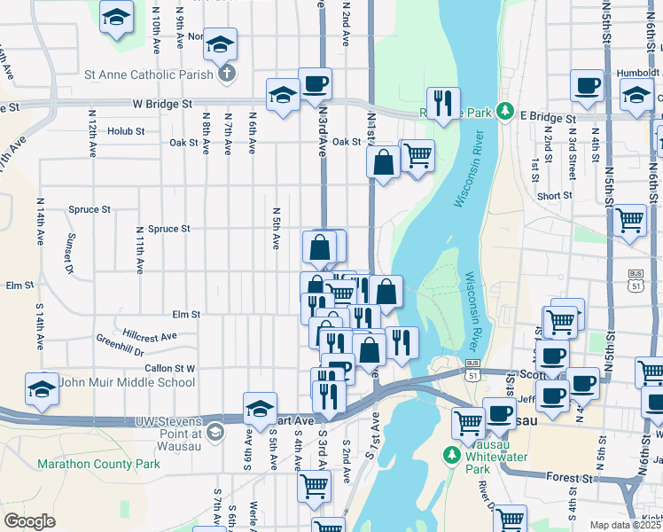 map of restaurants, bars, coffee shops, grocery stores, and more near 214 Maple Street in Wausau