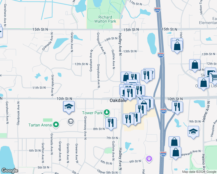 map of restaurants, bars, coffee shops, grocery stores, and more near 6902 10th Street North in Oakdale