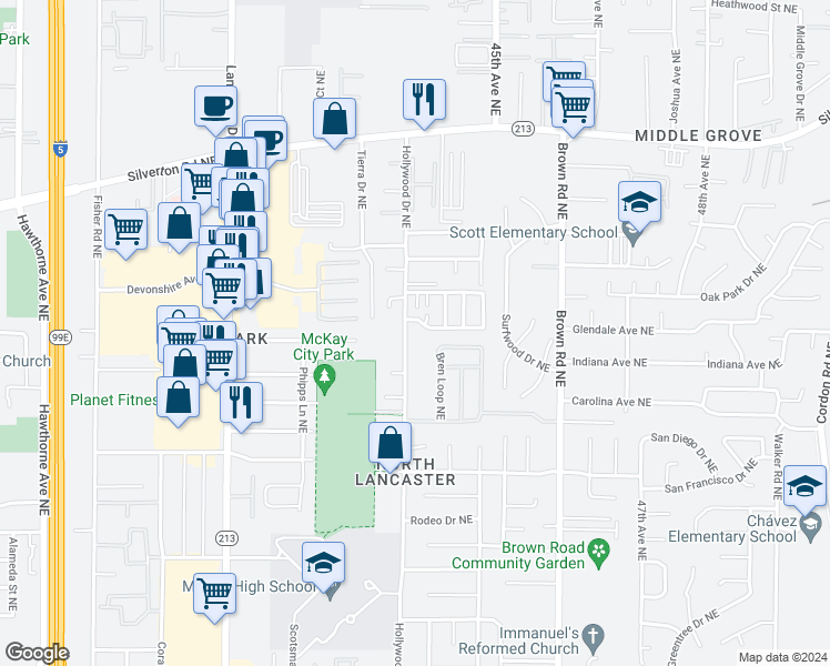 map of restaurants, bars, coffee shops, grocery stores, and more near 3010 Hollywood Drive Northeast in Salem