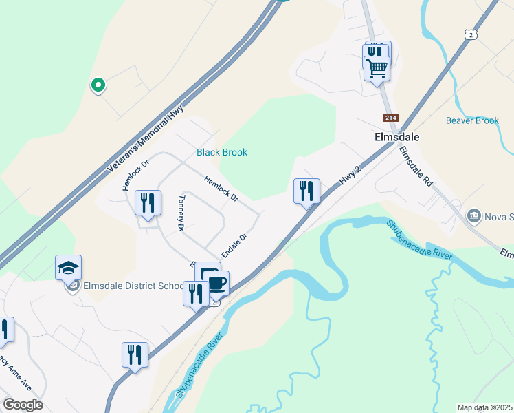 map of restaurants, bars, coffee shops, grocery stores, and more near 2 Hemlock Drive in Elmsdale