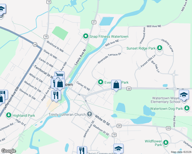 map of restaurants, bars, coffee shops, grocery stores, and more near 301-367 Grove Ave NE in Watertown