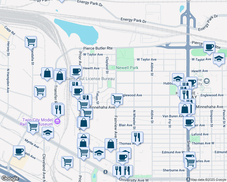 map of restaurants, bars, coffee shops, grocery stores, and more near 758 Fairview Avenue North in Saint Paul