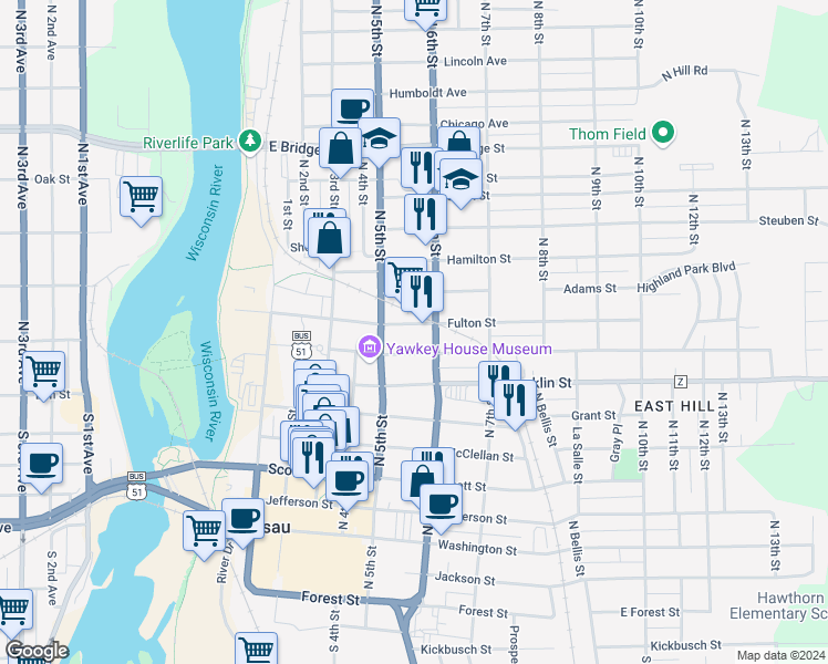 map of restaurants, bars, coffee shops, grocery stores, and more near 530 Mcindoe Street in Wausau