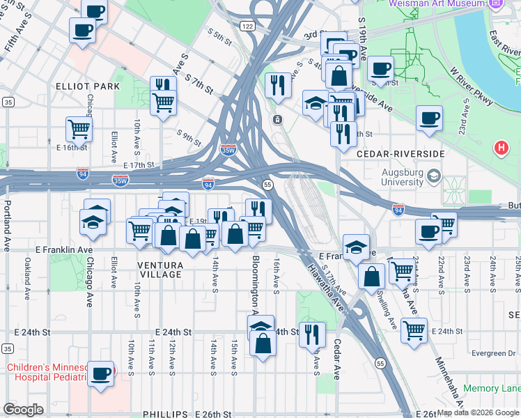 map of restaurants, bars, coffee shops, grocery stores, and more near 1816 16th Avenue South in Minneapolis