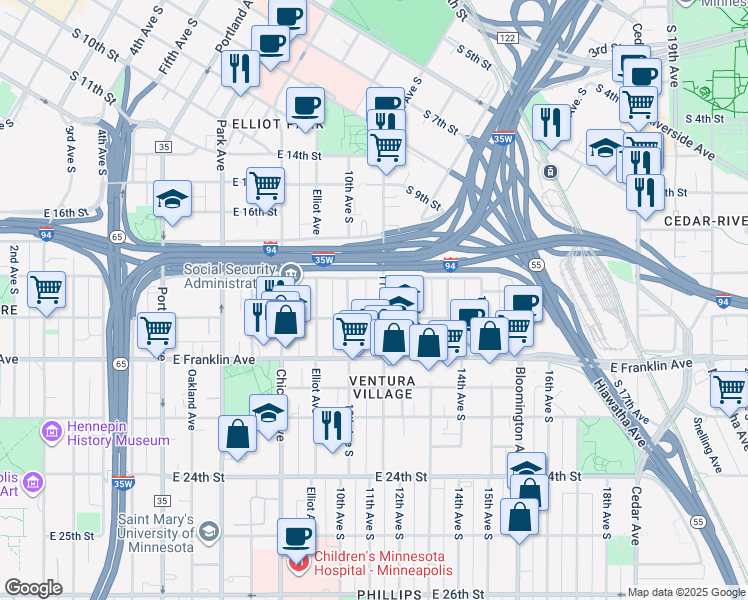 map of restaurants, bars, coffee shops, grocery stores, and more near in Minneapolis