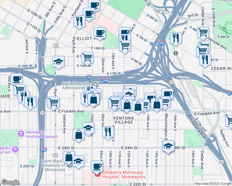 map of restaurants, bars, coffee shops, grocery stores, and more near 1827 10th Avenue South in Minneapolis