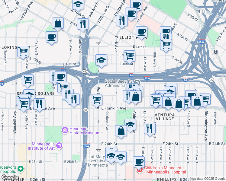 map of restaurants, bars, coffee shops, grocery stores, and more near 1828 Park Avenue in Minneapolis