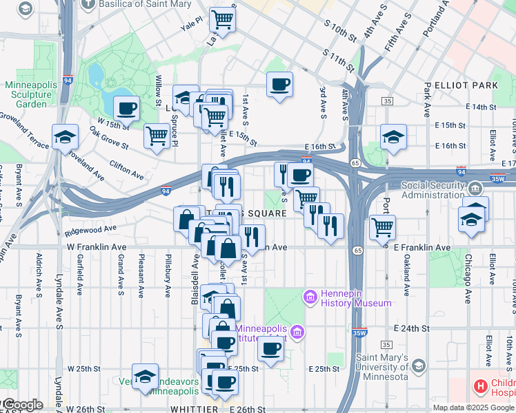 map of restaurants, bars, coffee shops, grocery stores, and more near in Minneapolis