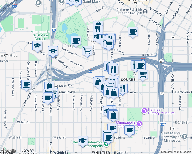 map of restaurants, bars, coffee shops, grocery stores, and more near 122 Groveland Avenue in Minneapolis