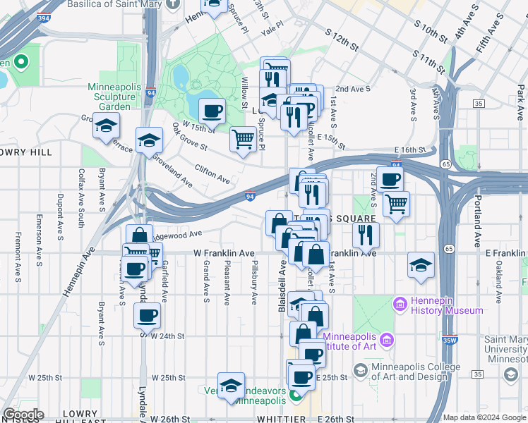 map of restaurants, bars, coffee shops, grocery stores, and more near 122 Groveland Avenue in Minneapolis