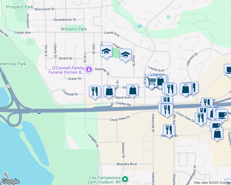 map of restaurants, bars, coffee shops, grocery stores, and more near 493 Coulee Road in Hudson