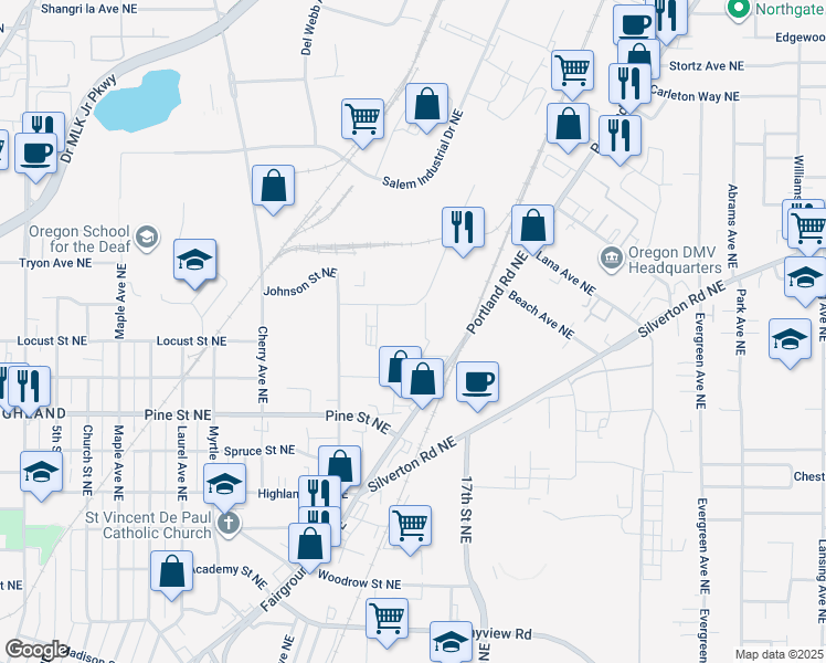 map of restaurants, bars, coffee shops, grocery stores, and more near 1476 McDonald Street Northeast in Salem