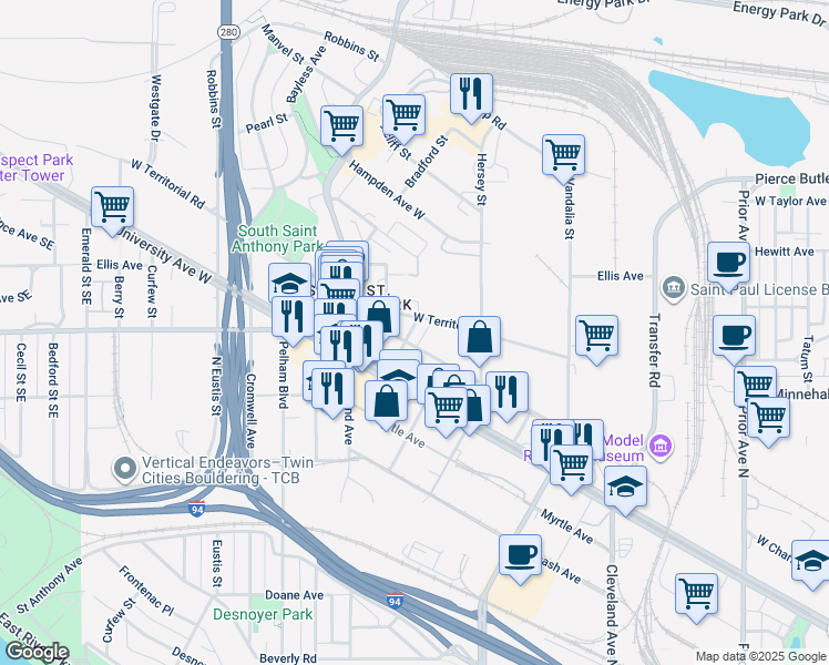 map of restaurants, bars, coffee shops, grocery stores, and more near 2 Charles Avenue in Saint Paul