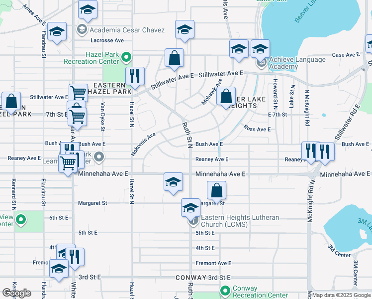 map of restaurants, bars, coffee shops, grocery stores, and more near 2027 Reaney Avenue East in Saint Paul