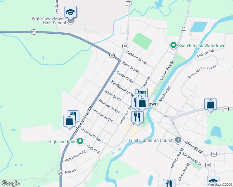 map of restaurants, bars, coffee shops, grocery stores, and more near 301 White Street Southwest in Watertown