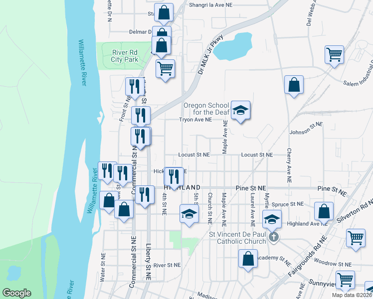 map of restaurants, bars, coffee shops, grocery stores, and more near 2510 Broadway Street Northeast in Salem