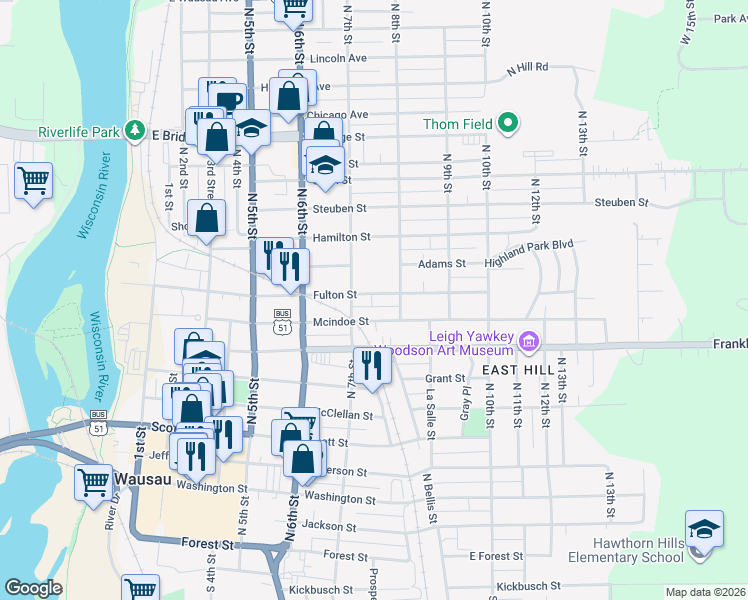 map of restaurants, bars, coffee shops, grocery stores, and more near 708 Mcindoe Street in Wausau