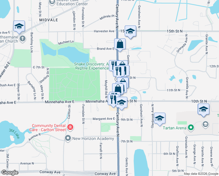 map of restaurants, bars, coffee shops, grocery stores, and more near 743 Mayhill Road North in Maplewood