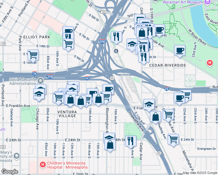 map of restaurants, bars, coffee shops, grocery stores, and more near 1816 16th Avenue South in Minneapolis