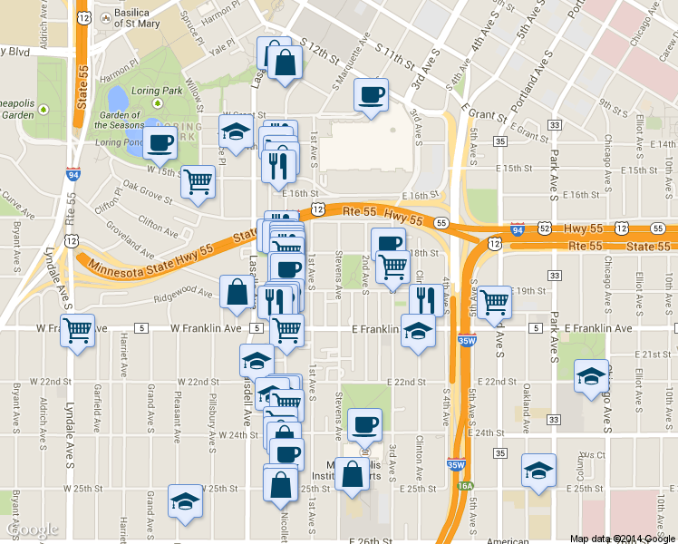 map of restaurants, bars, coffee shops, grocery stores, and more near in Minneapolis