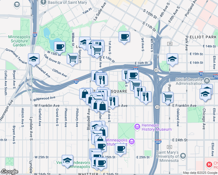 map of restaurants, bars, coffee shops, grocery stores, and more near in Minneapolis