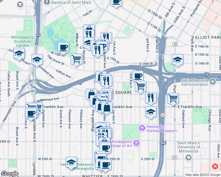 map of restaurants, bars, coffee shops, grocery stores, and more near 6 East 19th Street in Minneapolis